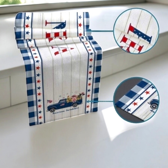 Patriotic vintage truck farmhouse summer table runner 13x90 NEW - Picture 4 of 4
